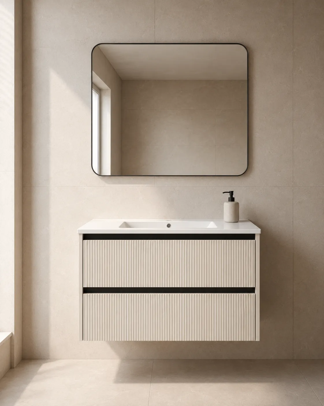 Harma valamukapp valamuga, mustad alumiiniumprofiilid, hall kašmiir, 80×46×50 cm — vannitoas
