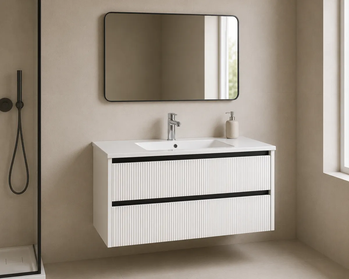 Harma valamukapp valamuga, mustad alumiiniumprofiilid, mattvalge, 100×46×50 cm — vannitoas