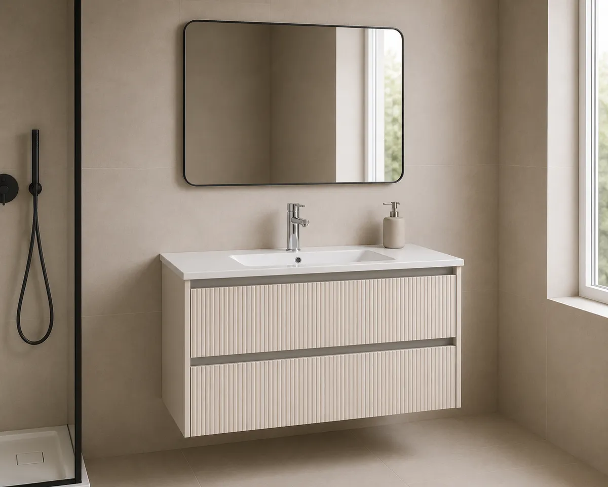 Harma valamukapp valamuga, alumiiniumprofiilid, hall kašmiir, 100×46×50 cm — vannitoas